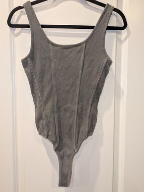 AGOLDE Elna Ribbed Bodysuit XS Gray Scoop Neck Corset Seam Snap Minimalist